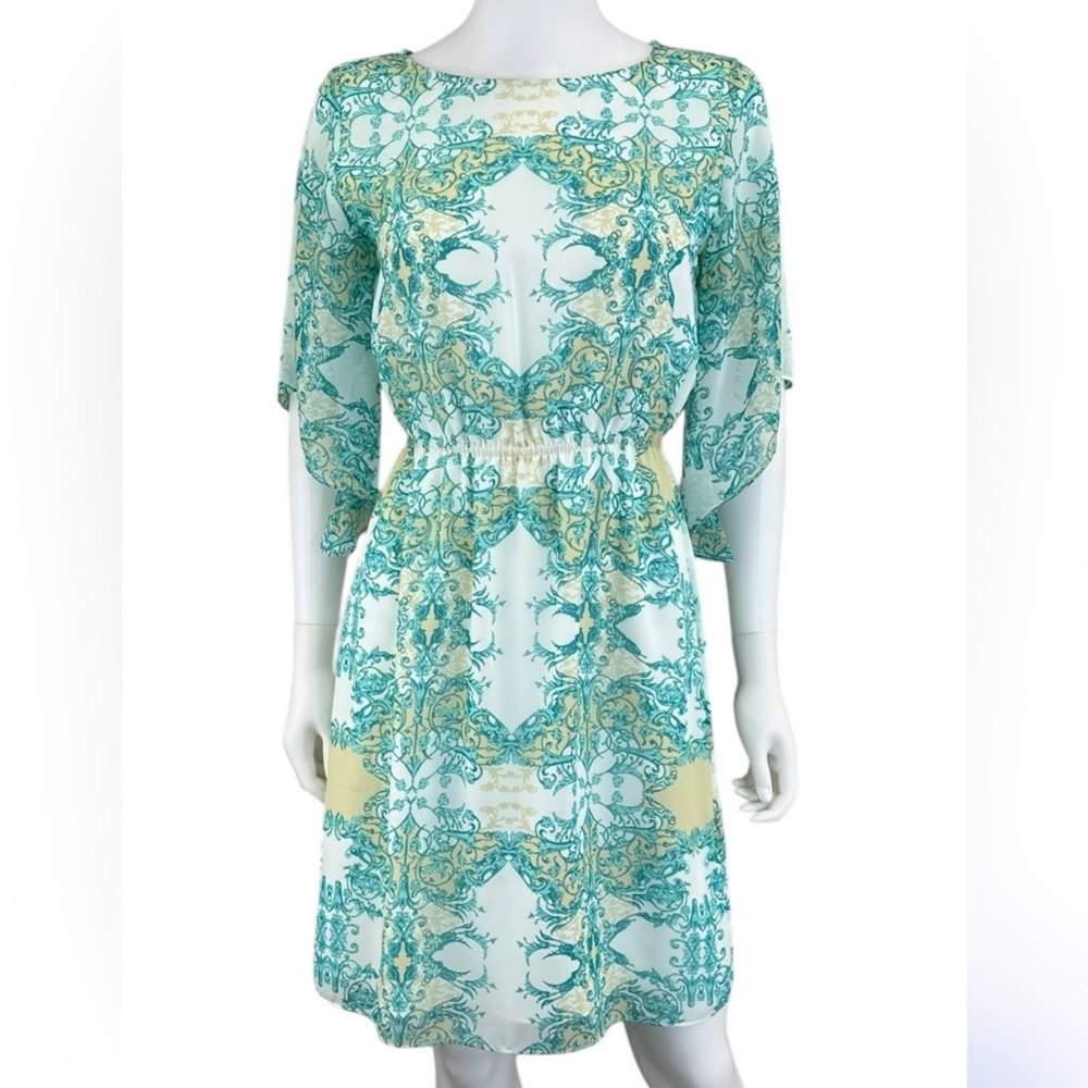 ANTONIO MELANI Teal and Cream paisley elbow length Sleeve Dress size 0
